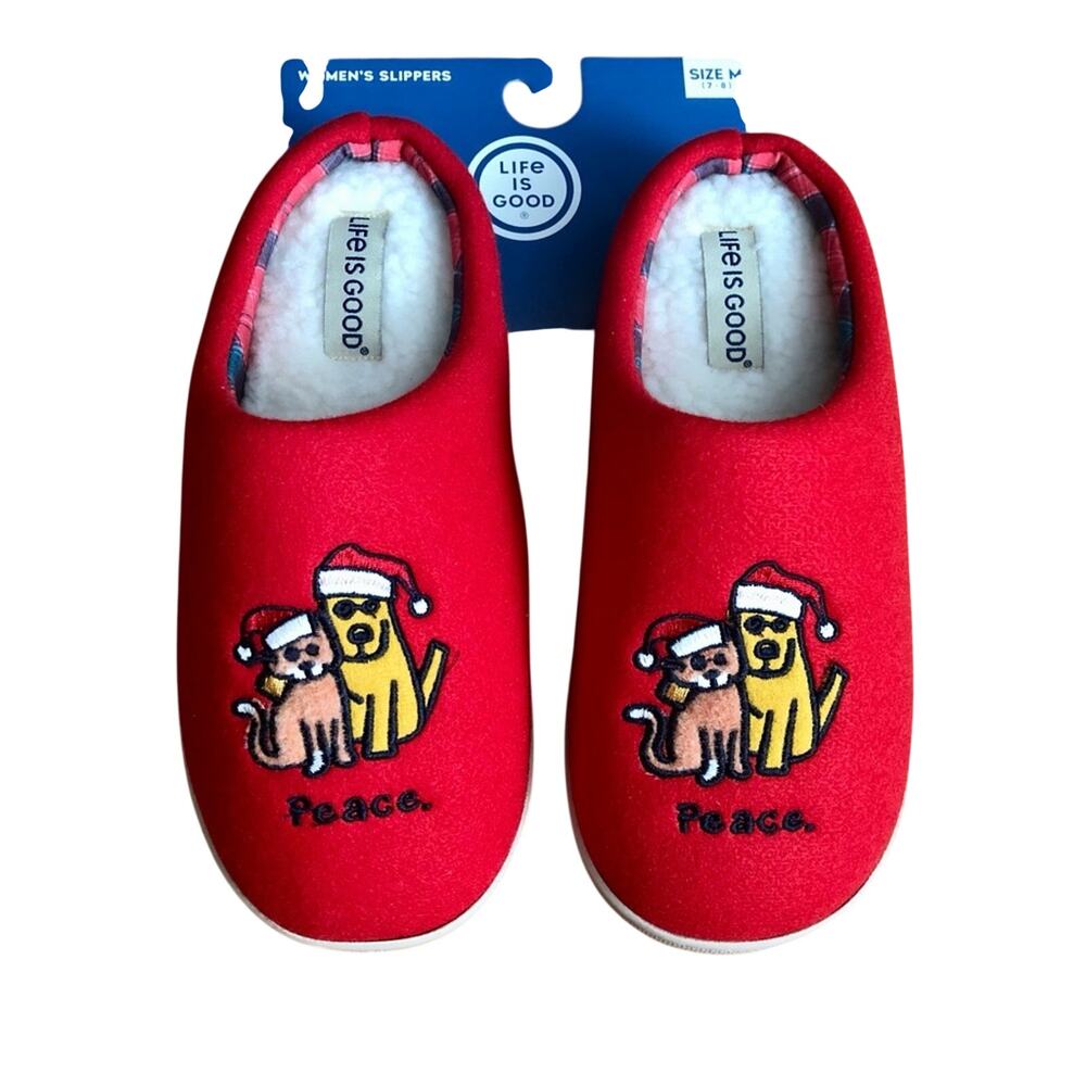 Life Is Good Red Slippers Festive Dog Cat Peace Design Women’s Size M (7-8) NWT